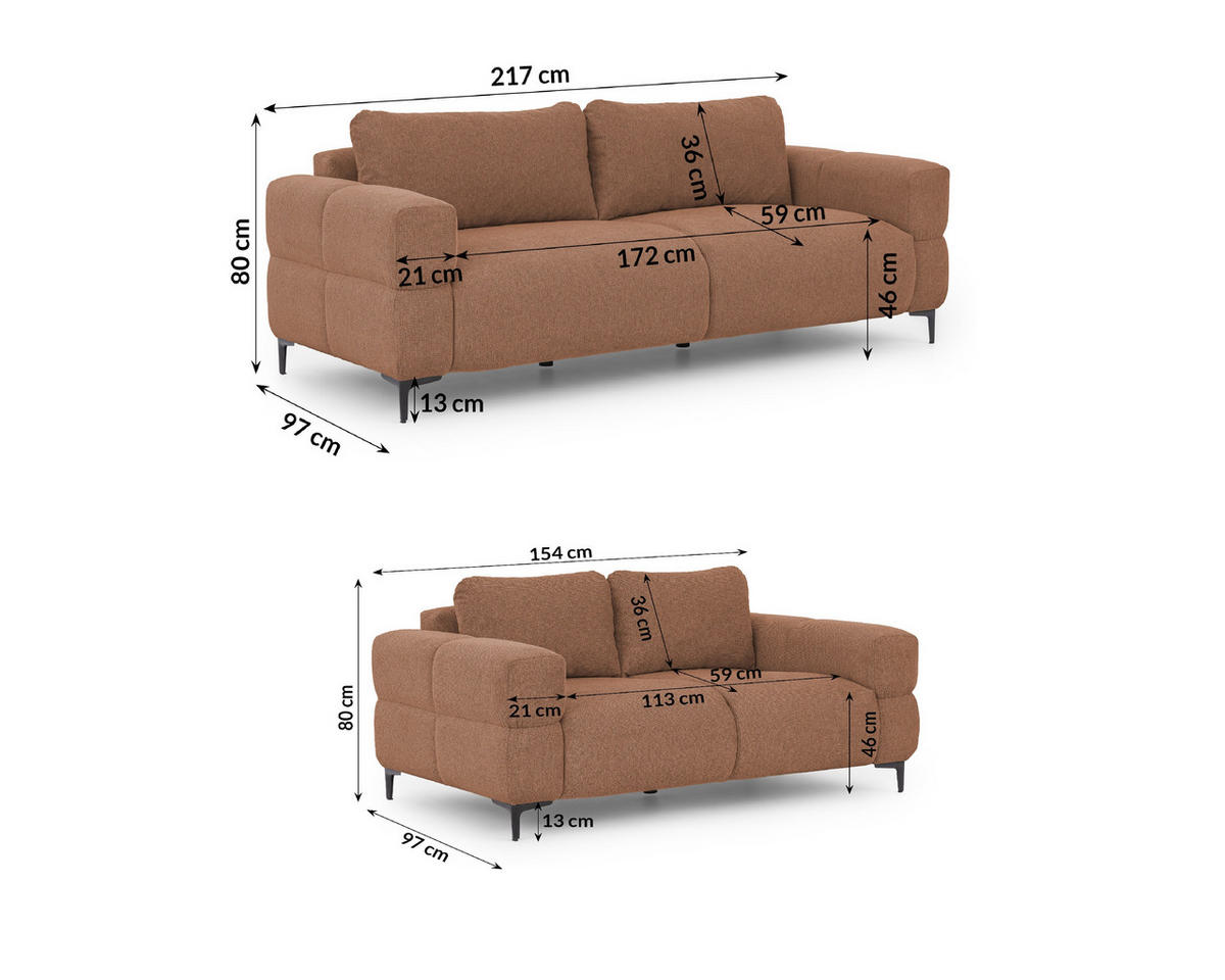 SITZGARNITUR 3+2 Cardea in Bubble-Optik aus weichem Terrakotta Strukturstoff mit hohem Sitzkomfort - Terracotta/Schwarz, Holz/Textil (217/80/97cm) - S-Style Möbel