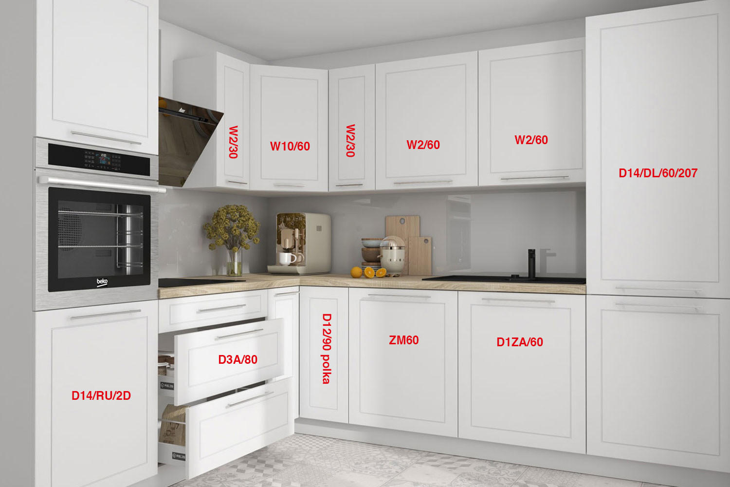 WINKELKÜCHE Kvantum weiß matt, Arbeitsplatte Eiche Sonoma 270 / 230 / 207cm 11-teilig - Weiß/Braun, Holzwerkstoff/Metall (270/207/230cm) - Feldmann-Wohnen