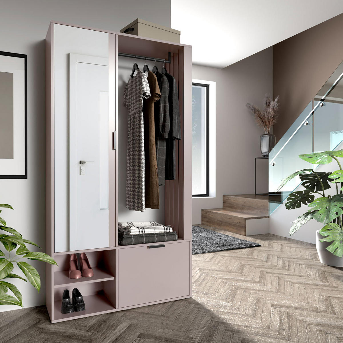 GARDEROBEN-SET Lena Uni mit Spiegel, Sitzbank & Kleiderstange – 100/189/33 cm – Beige, Kaschmir - Beige, Holzwerkstoff (100/189/33cm) - WFL GROUP