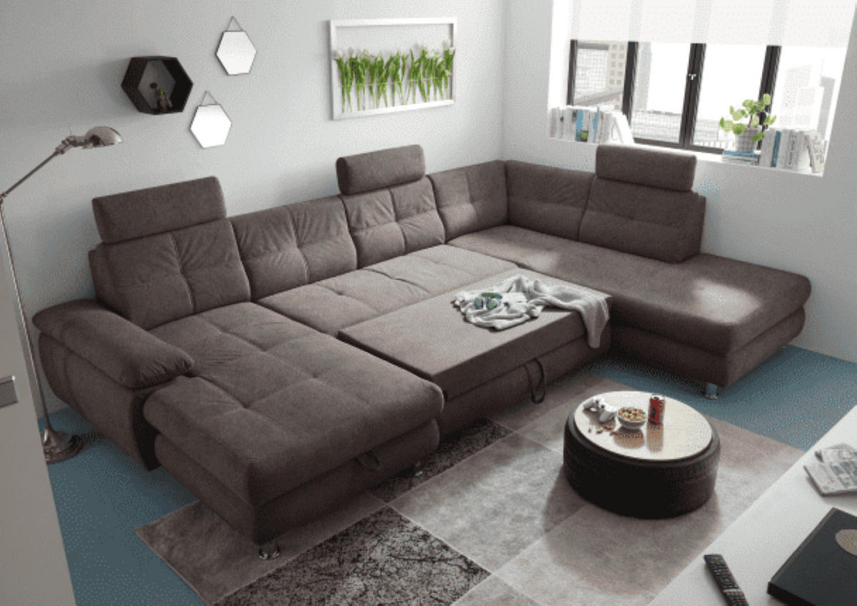 WOHNLANDSCHAFT mit Schlaffunktion, Bettkasten und verstellbaren Arm- und Kopflehnen - Chromfarben/Braun, Textil/Metall (233/88/349cm) - ed exciting design