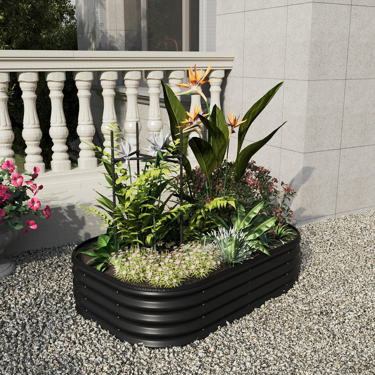 HOCHBEET-PFLANZKASTEN mit Pflanzenstütze aus verzinktem Stahl in Anthrazit Ovalen Blumenkasten für Garten Balkon langlebig rostfest 120 × 80 × 30 cm - Silberfarben, Metall (80/30/120cm) - Livingandhome