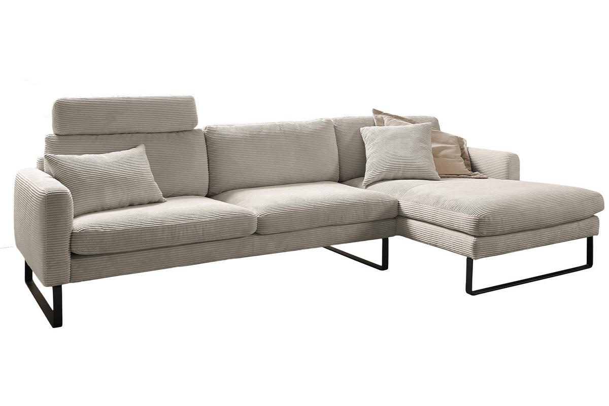 ECKSOFA RICARDA Granit Cord - Greige/Schwarz, Textil/Metall (298/154cm) - KAWOLA