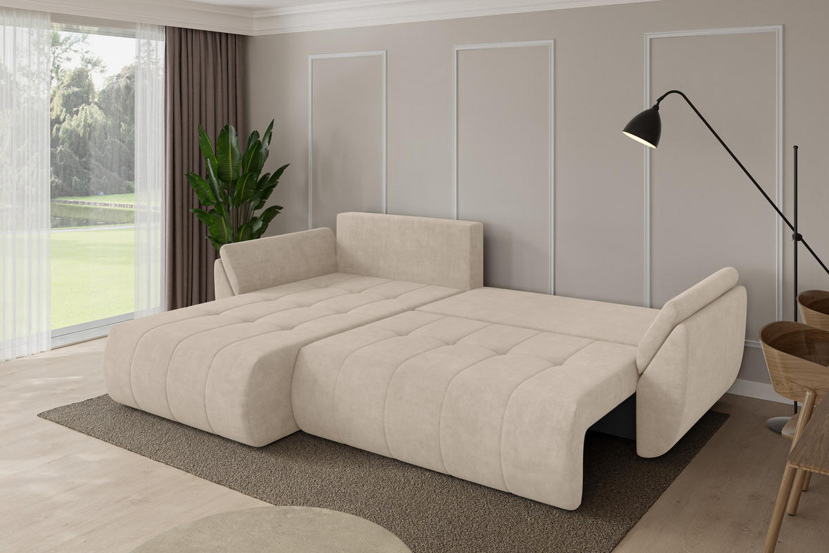 ROHOVÁ SEDAČKA s funkcí spaní, otoman vlevo TOKO-L 277x194x86 béžová velur - černá/Sahara, kompozitní dřevo/textil (277/194cm) - ALTDECOR
