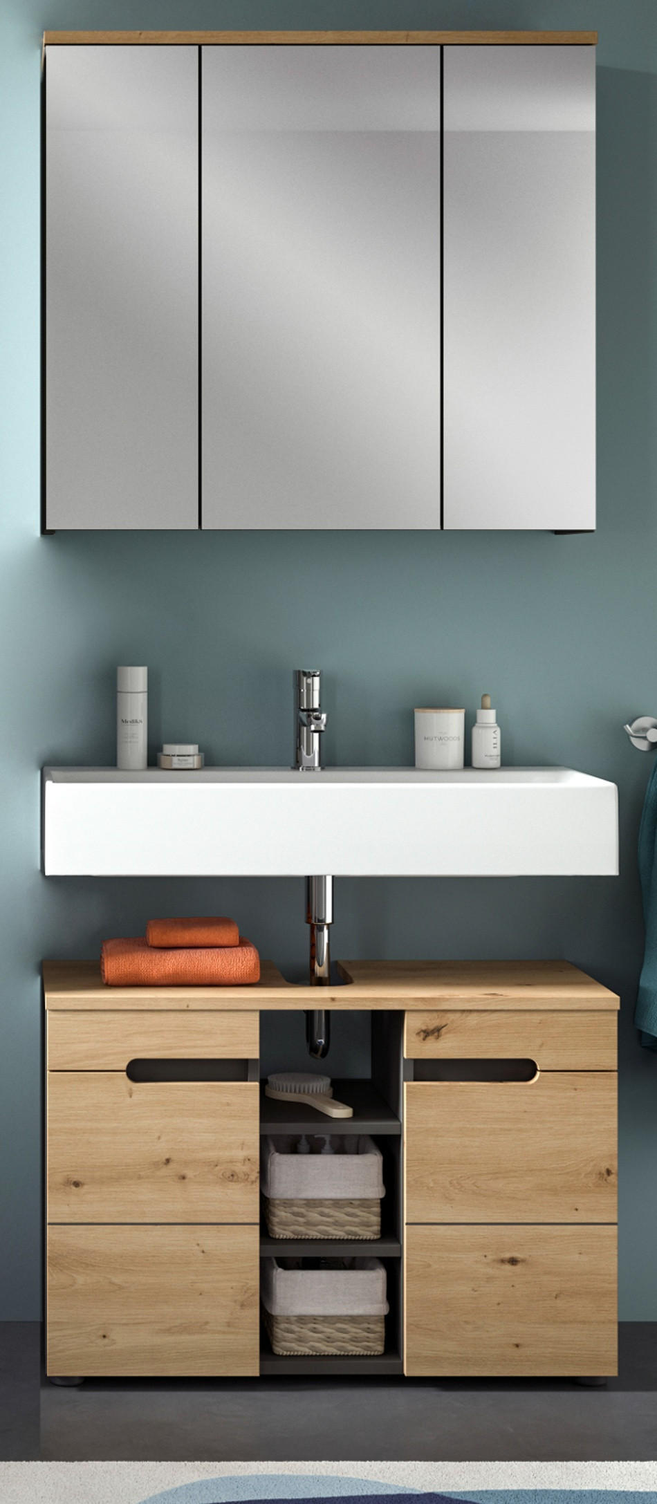 BADMÖBEL-SET Eiche, grau 2-teilig 80 cm, Komplettset mit Soft-Close - Schwarz/Eiche Artisan, Glas/Holzwerkstoff (80/193/34cm) - Inn.Furn