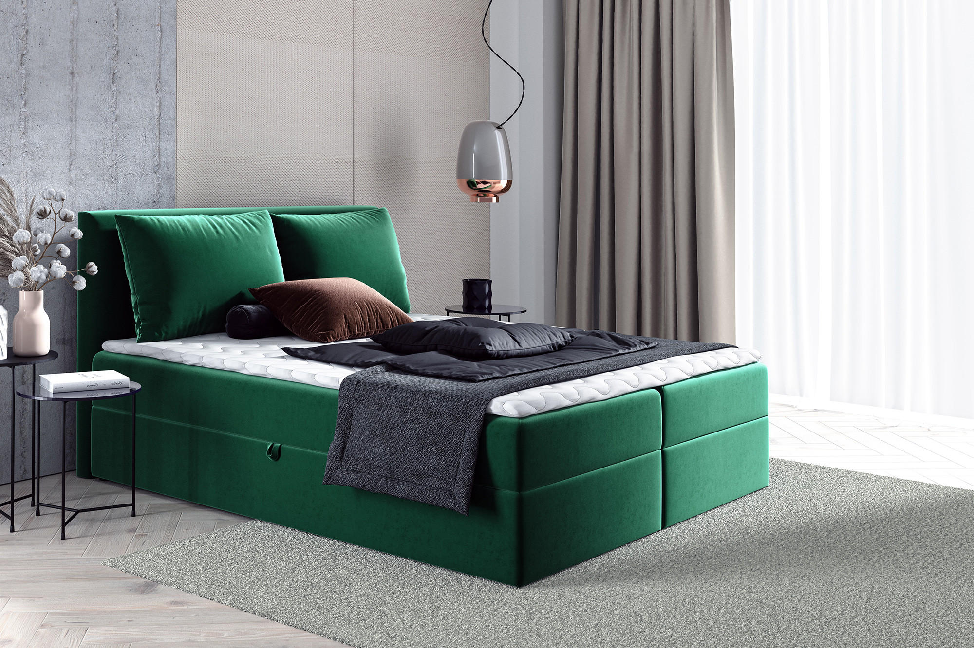 BOXBETT Egro - 180x200 - grün (Kronos 19, Velvet) - Schwarz/Grün, Holz/Holzwerkstoff (180/200cm) - Sofnet