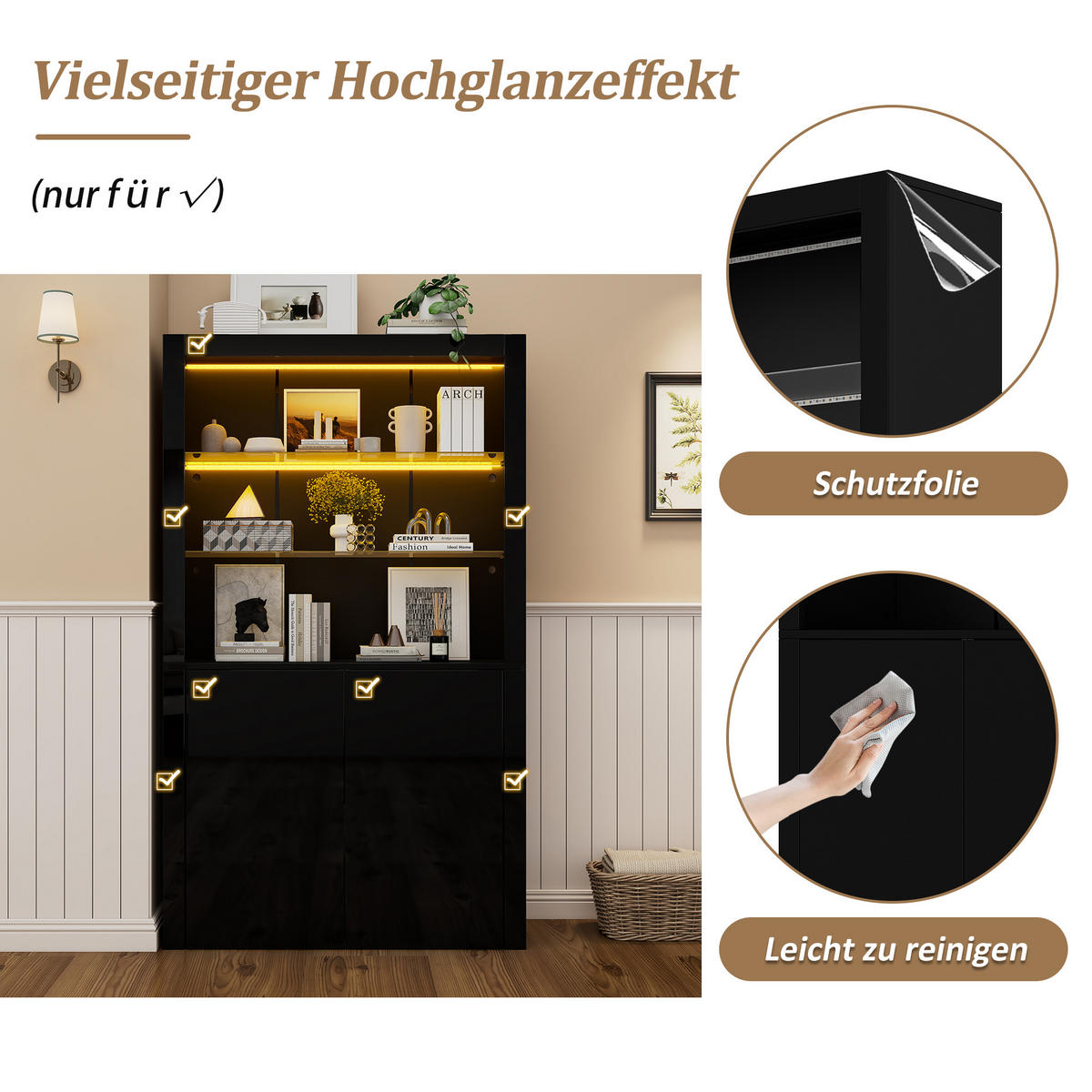 VITRINE Hochglanz LED Glasböden Highboard Schwarz - Schwarz, Glas (100/170/35cm) - FLIEKS
