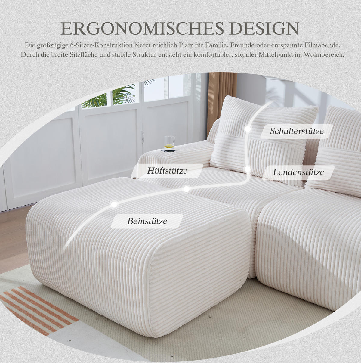 WOHNLANDSCHAFT Cord 4-Sitzer mit 2 Hockern und Getränkehalter 333/174/80 cm Beige - Beige, Textil (174/80/333cm) - Redom
