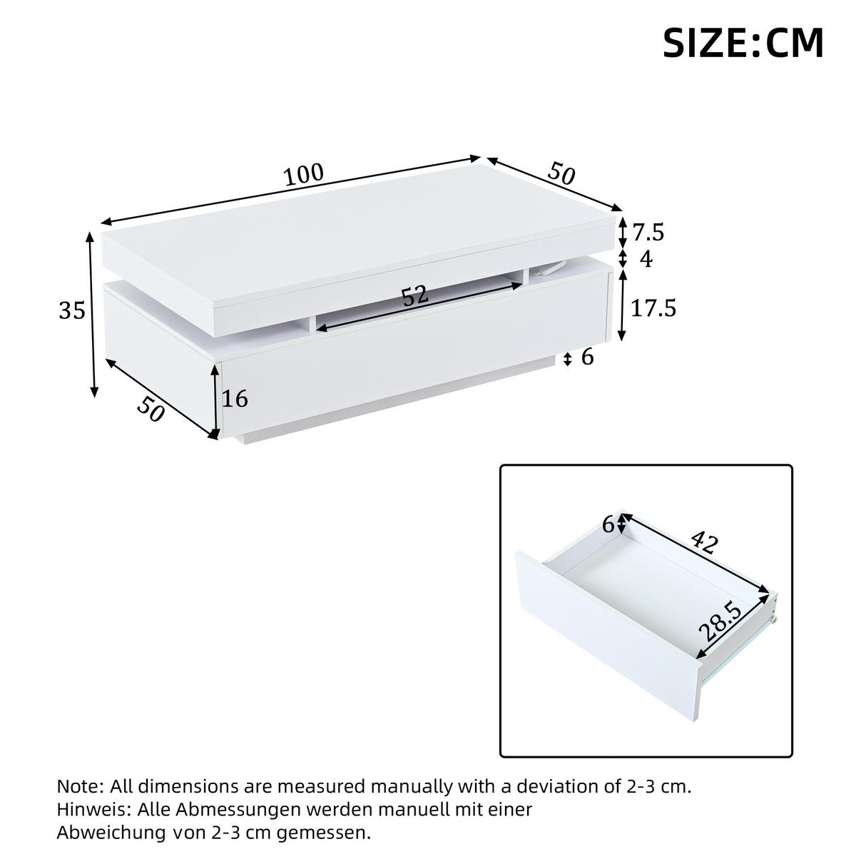 COUCHTISCH aus Spanplatte 100x50x35 cm in Weiß mit 2 Schubladen & LED - Weiß, Holzwerkstoff (100/50/35cm) - Modfu