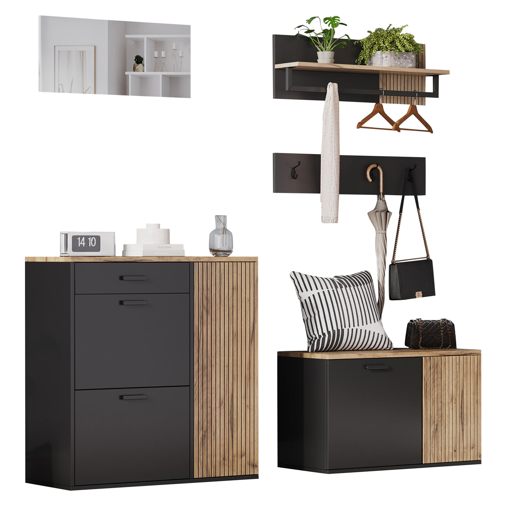 GARDEROBE Flurmöbel Set mit Schuhschrank, Schuhbank, Spiegel, Wandregal und Hakenleiste,platzsparendes Garderoben Set - Schwarz/Naturfarben, Holzwerkstoff/Metall (85/85/36cm) - EVRYAE
