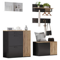 GARDEROBE Flurmöbel Set mit Schuhschrank, Schuhbank, Spiegel, Wandregal und Hakenleiste,platzsparendes Garderoben Set - Schwarz/Naturfarben, Holzwerkstoff/Metall (85/85/36cm) - EVRYAE