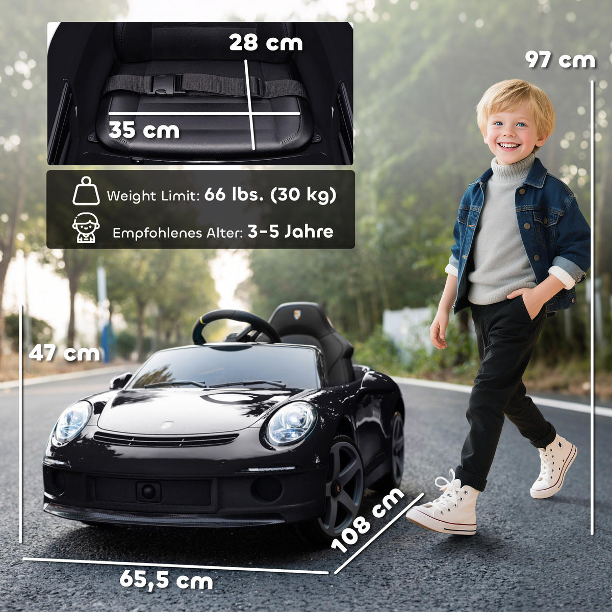 KINDER-ELEKTROAUTO 12V mit 2,4 GHz Fernbedienung, Softstart, Federungssystem - Schwarz, Kunststoff (108/65.5/47cm) - AIYAPLAY