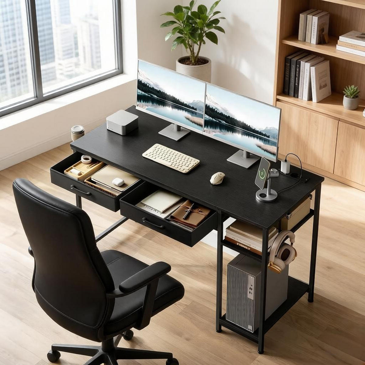 GAMINGTISCH Schwarz 120/51/75 cm mit Stromanschluss USB Typ-C und Stoffschubladen - Schwarz, Holzwerkstoff (51/120/75cm) - PANGIVO