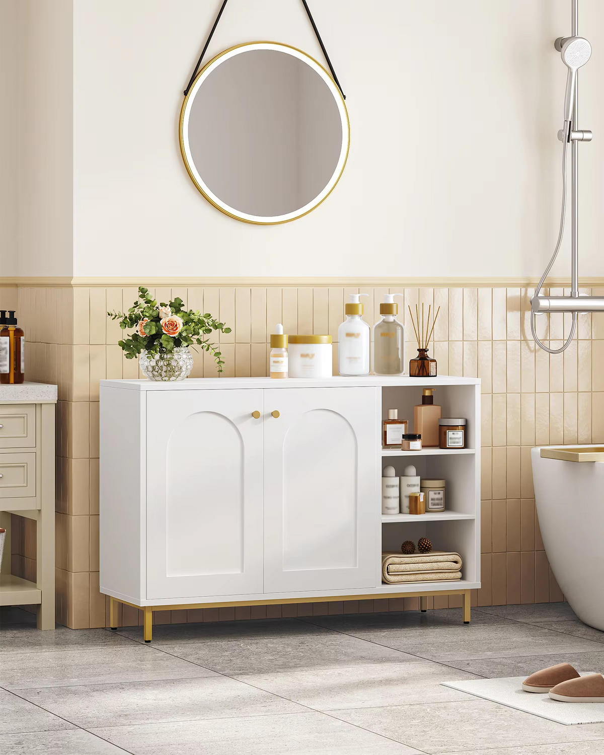 BADEZIMMERSCHRANK Weiß/Gold verstellbares Regal Sideboard - Weiß, Holz (100/70/35cm) - Kaket