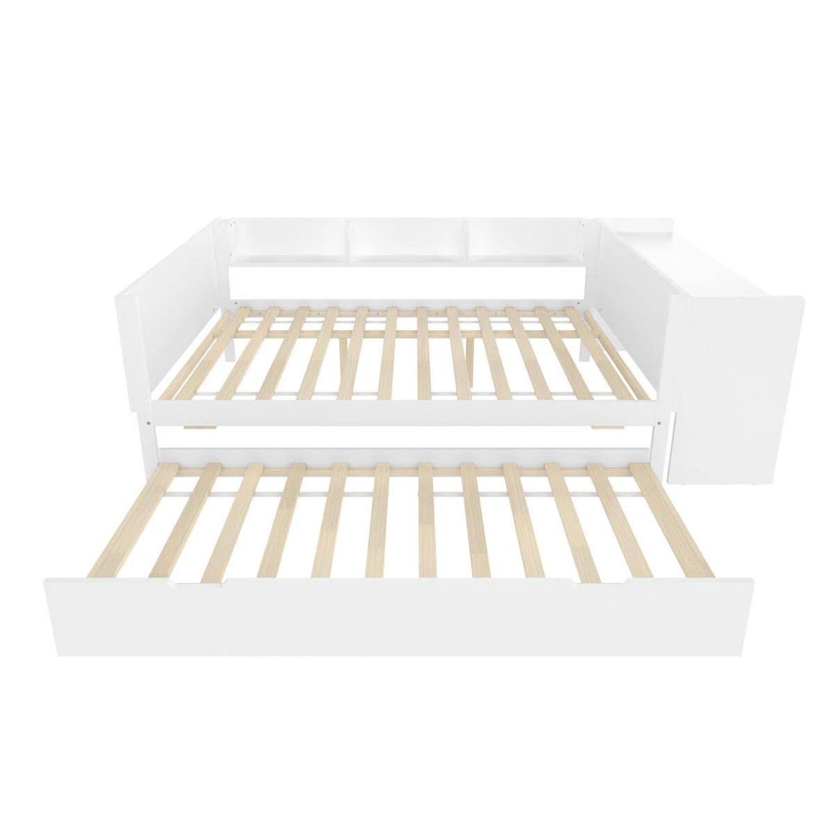 BETT 140/200 cm mit Schreibtisch, Rollbett und Regalen aus Kiefern und Spanplatte, Weiß - Weiß, Holzwerkstoff (140/200cm) - Redom