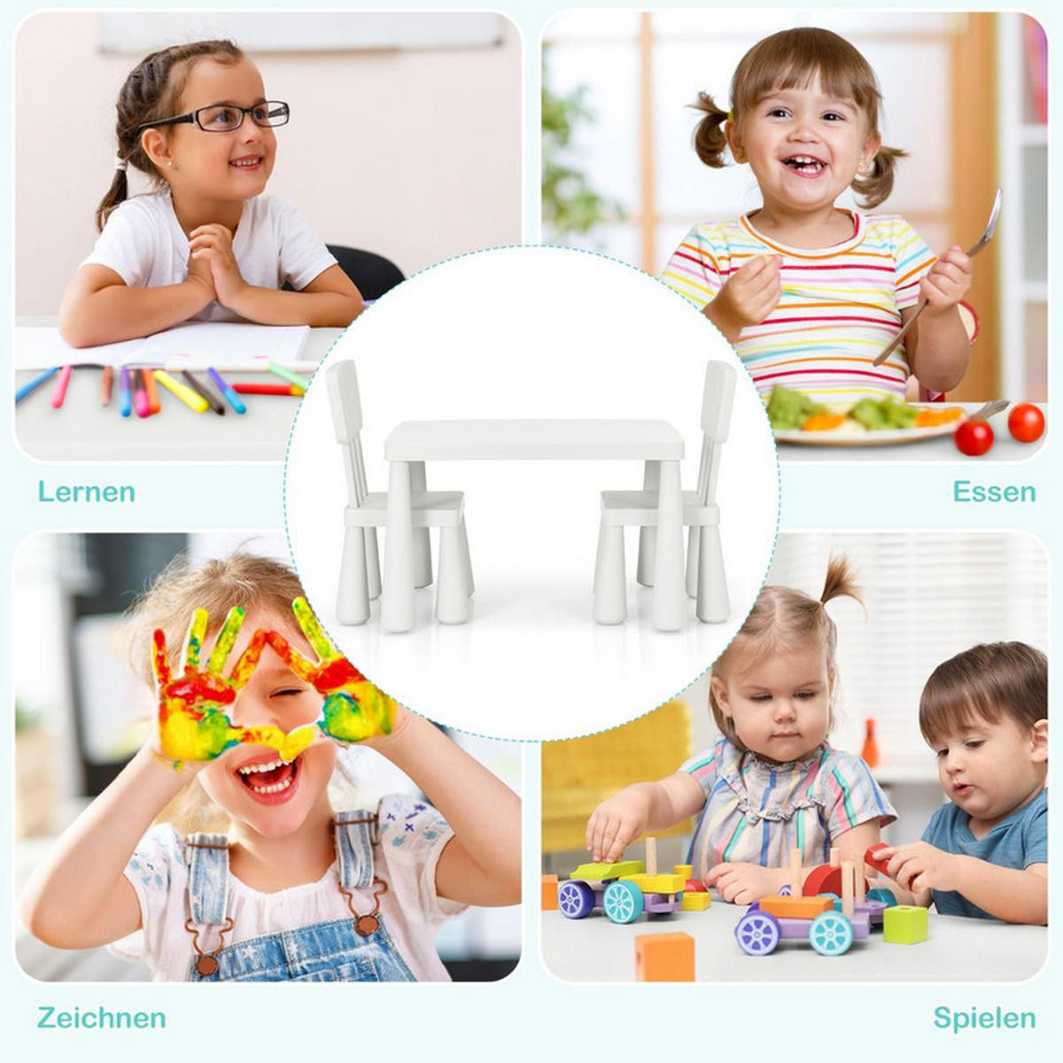 KINDERTISCH mit 2 Stühlen weiß(3-tlg) - Weiß, Kunststoff (76.5/49.5/54.5cm) - COSTWAY