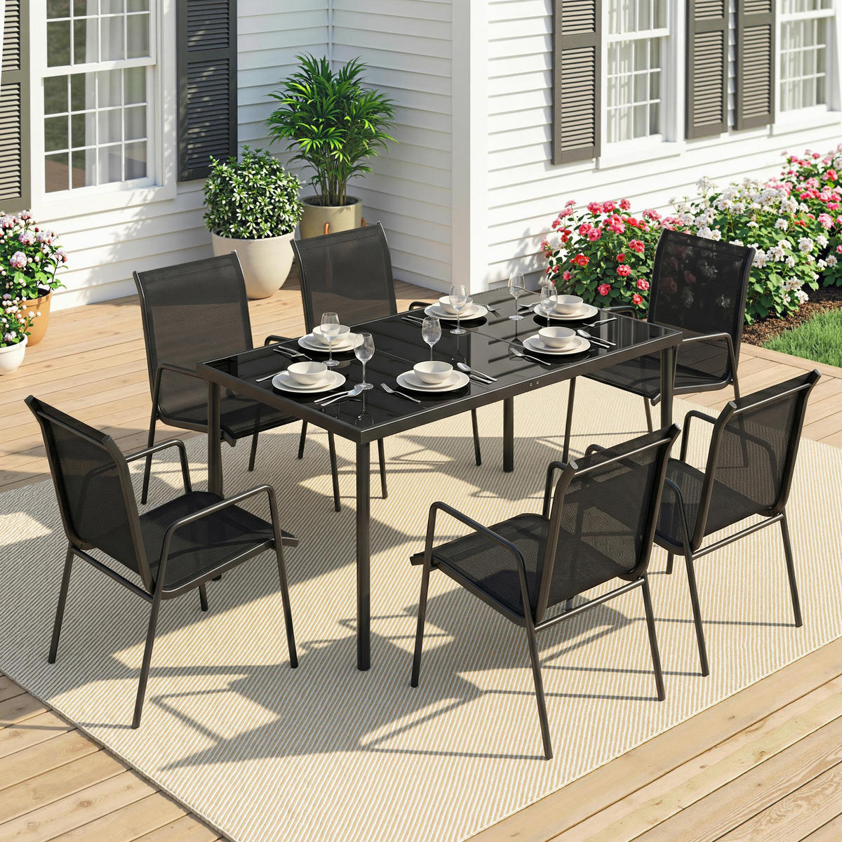 GARTENMÖBELSET 6-teilig,Tisch+stapelbare Textilene-Stühle,schwarz - Schwarz, Metall - Vallsero