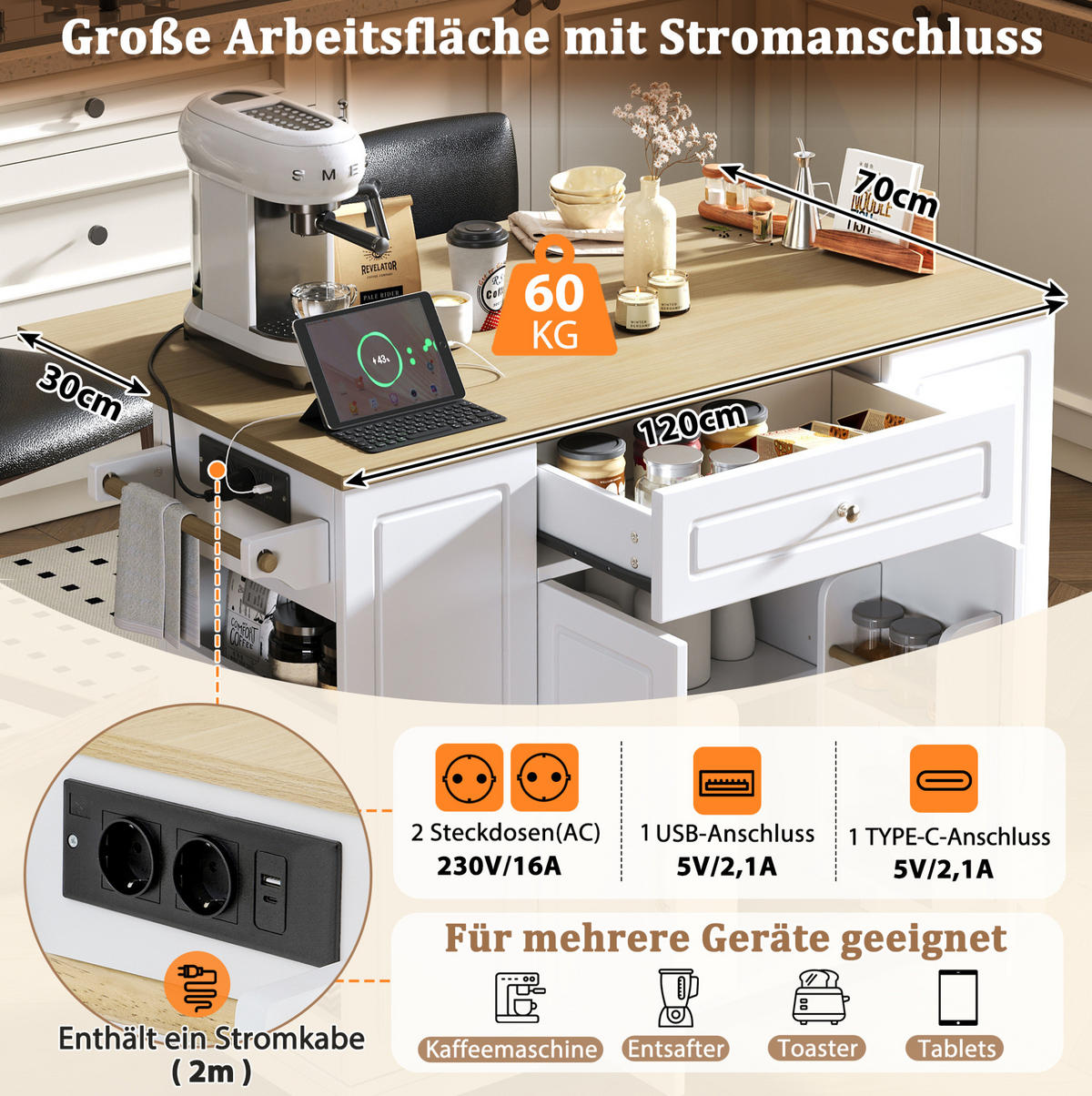 KÜCHENINSEL 131,8/93,3/40-70 cm Weiß/Natur aus MDF und Holzwerkstoff mit Rollen - Weiß, Holzwerkstoff (40/93.3/131.8cm) - OKMYHOME