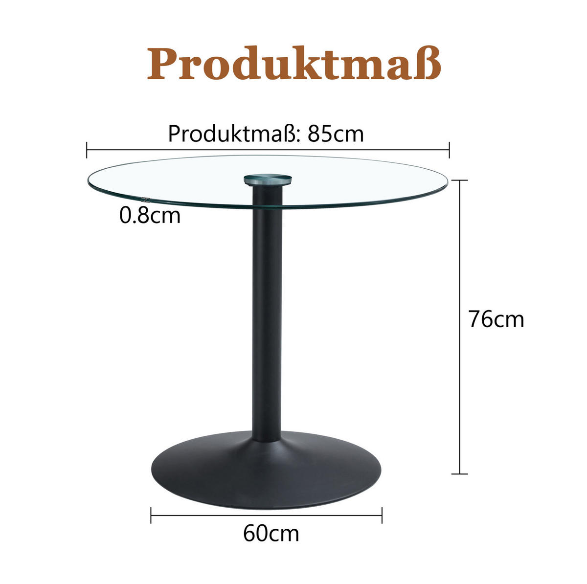 BISTROTISCH 85/76 cm aus Glas und Metall mit gehärteter Glasplatte und stabilem Gestell, Schwarz/Transparent - Schwarz, Holzwerkstoff (85/85/76cm) - Redom