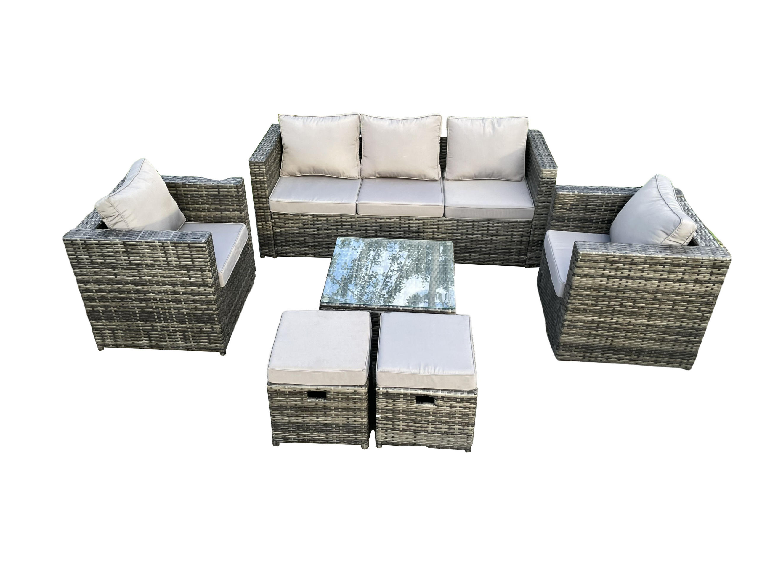 GARTENSET mit Couchtisch Polyrattan 7-Sitzer - Dunkelgrau, Metall - Fimous