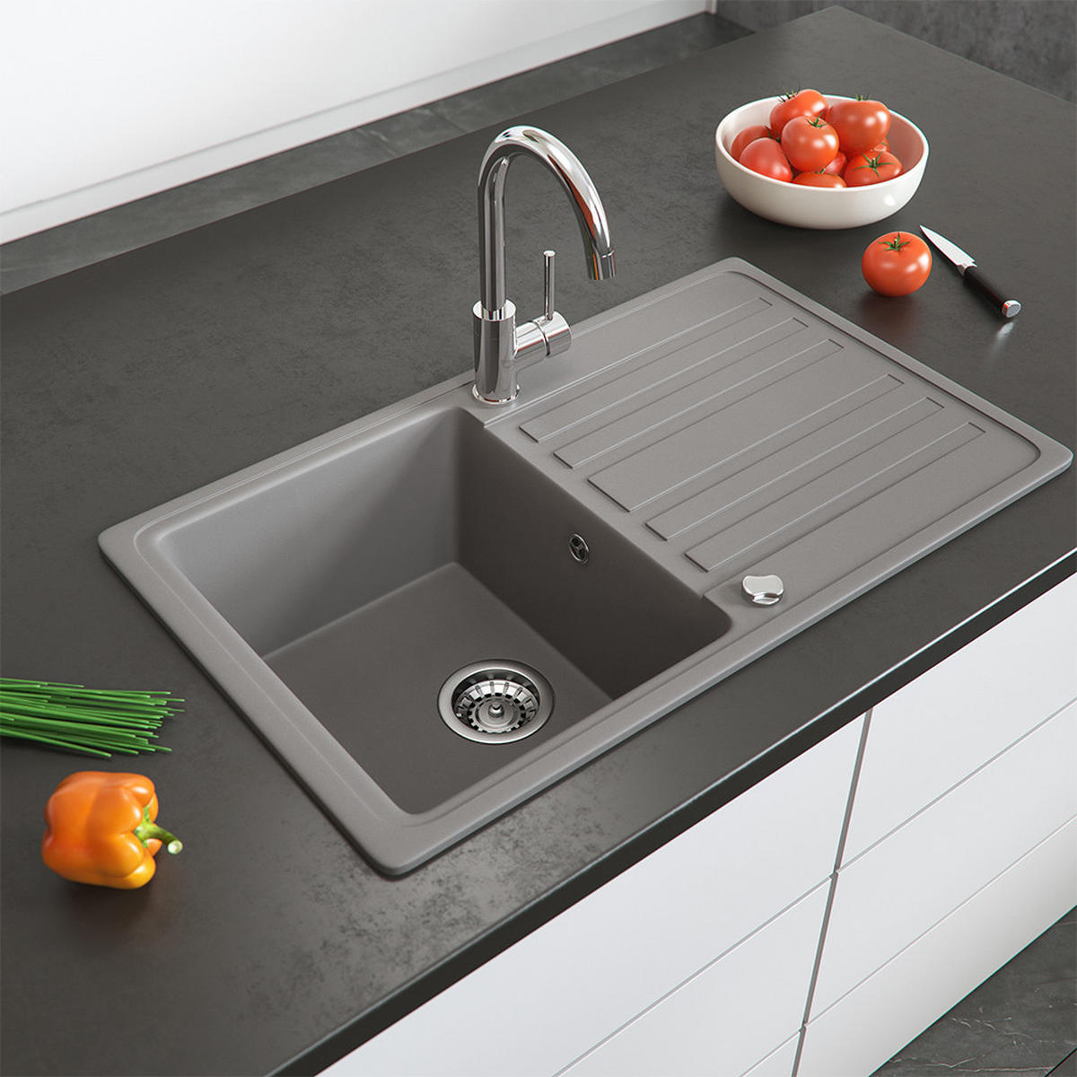 SPÜLBECKEN Beton 76.5 x 46 cm mit Trockenplatz - Schieferfarben, Keramik (76.5/19/46cm) - Bergstroem