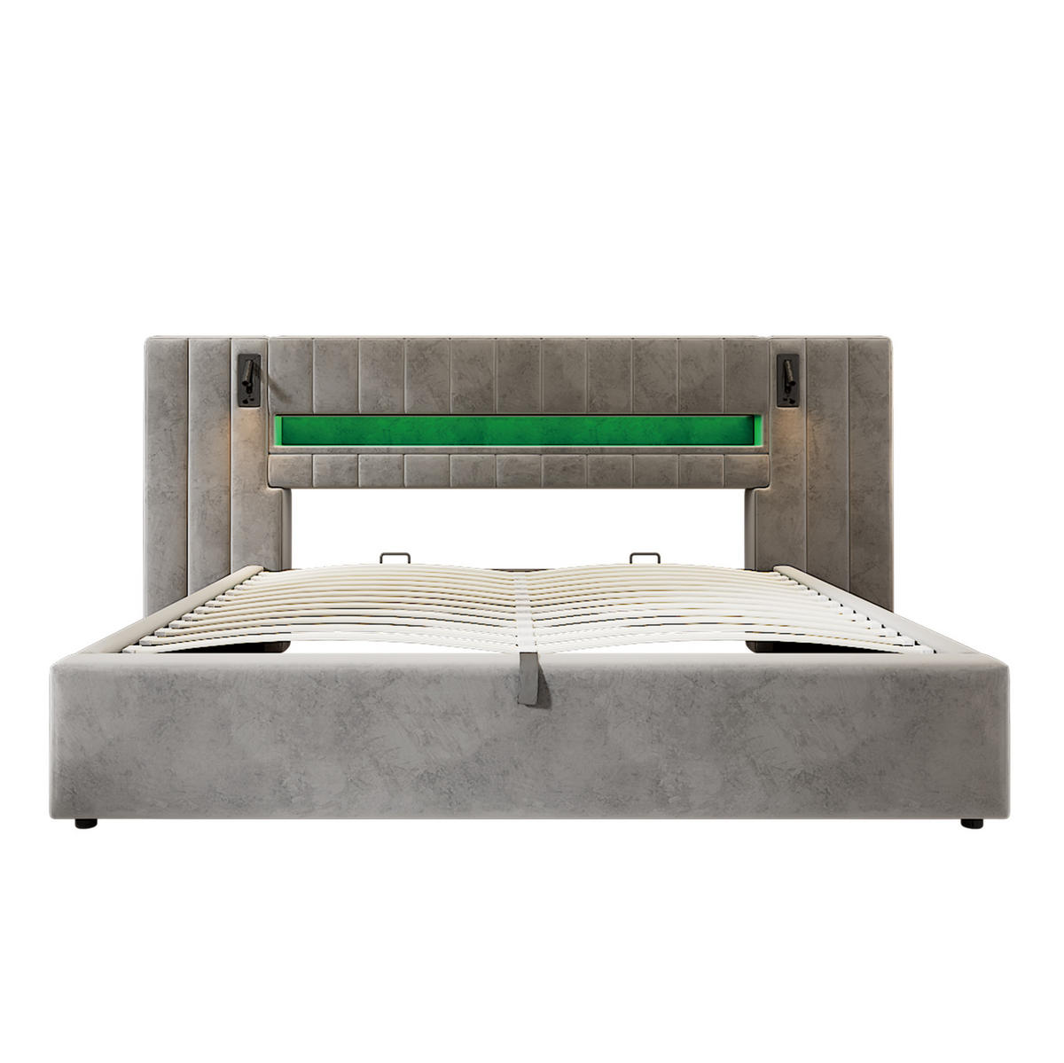 POLSTERBETT 180/200 cm mit LED-Beleuchtung, USB-Anschlüssen, Nachttischlampe und Bettkasten, Grau - Grau, Textil (180/200cm) - Redom