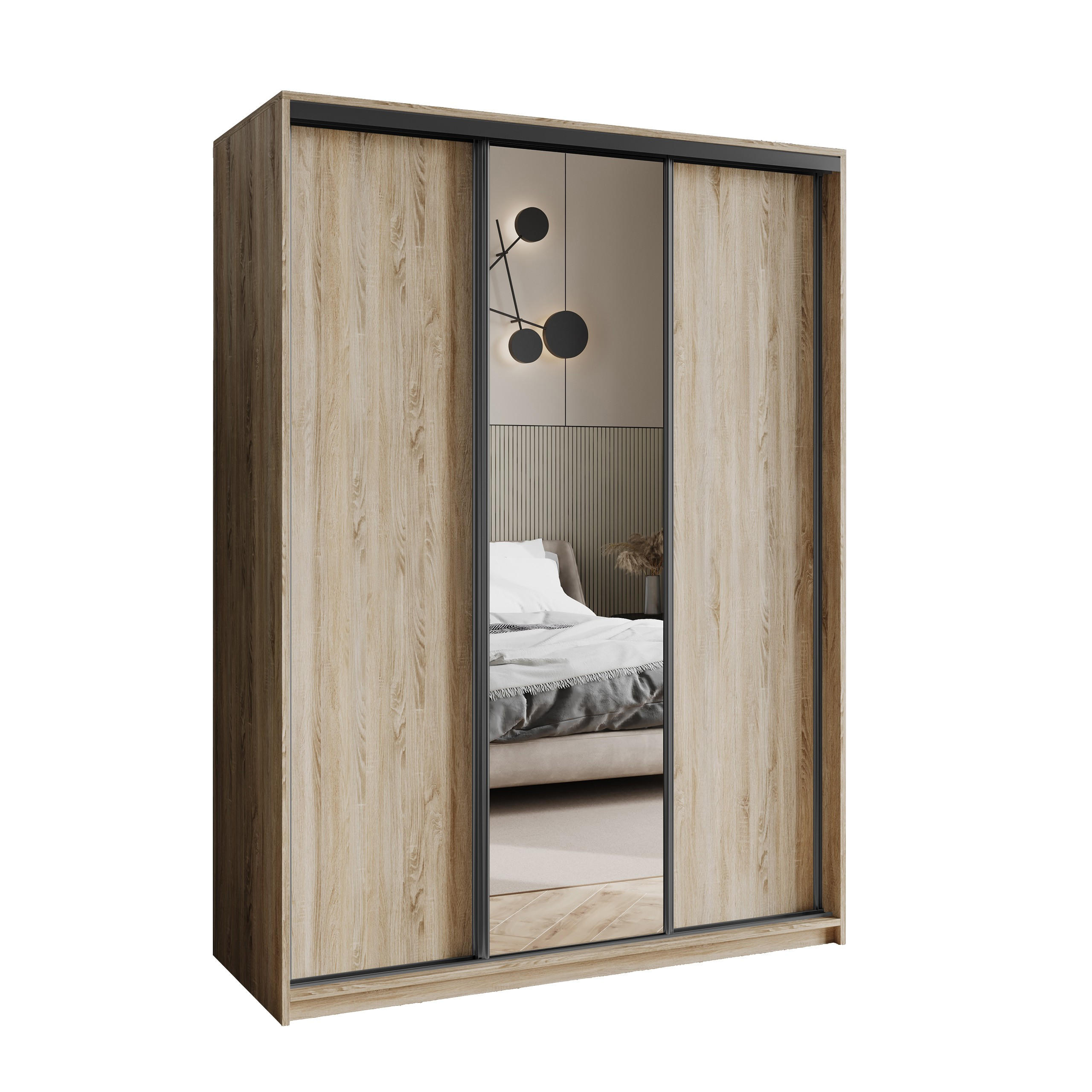 SCHWEBETÜRENSCHRANK TAVI 150/205/60 cm 3-türig mit Spiegel Sonoma Eiche - Sonoma Eiche, Holzwerkstoff (150/205/60cm) - MASSENO