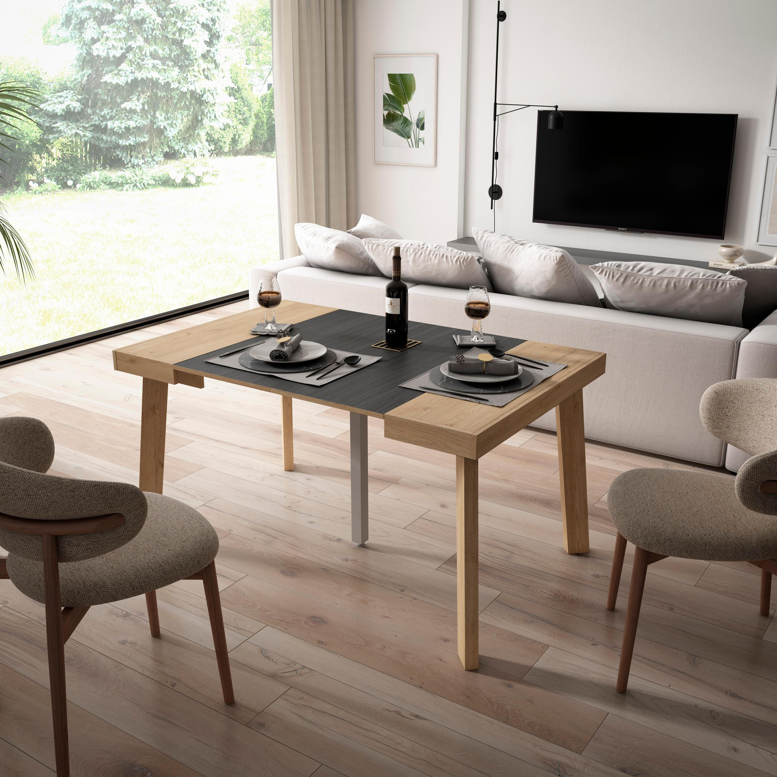 KONSOLENTISCH ausziehbar 58 bis 140cm, für 6 Gäste, eiche, schwarz, 90/58/73cm - Eichefarben/Schwarz, Holzwerkstoff (90/140/73cm) - Skraut Home