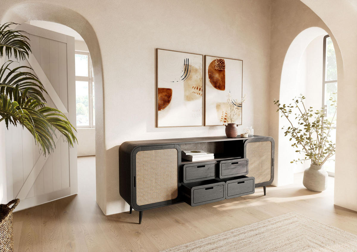 SIDEBOARD Mango 200x40x80 dunkelgrau lackiert VALENCIA #220 - Grau, Holz (200/80/40cm) - Massivmoebel24