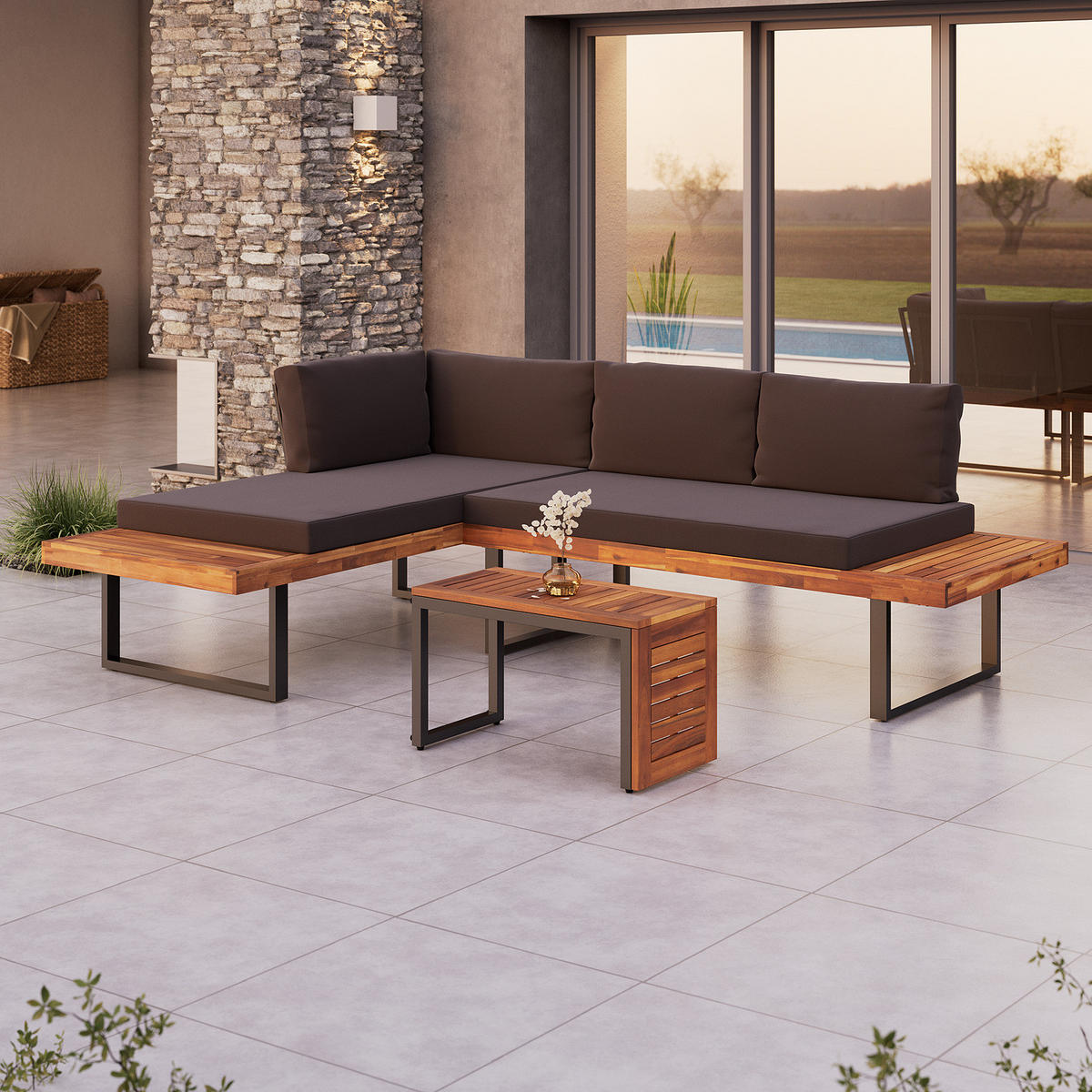 LOUNGESET - Akazie massiv / Polyester - Braun / Grau - 3-teilig - Grau, Holz/Textil - home24