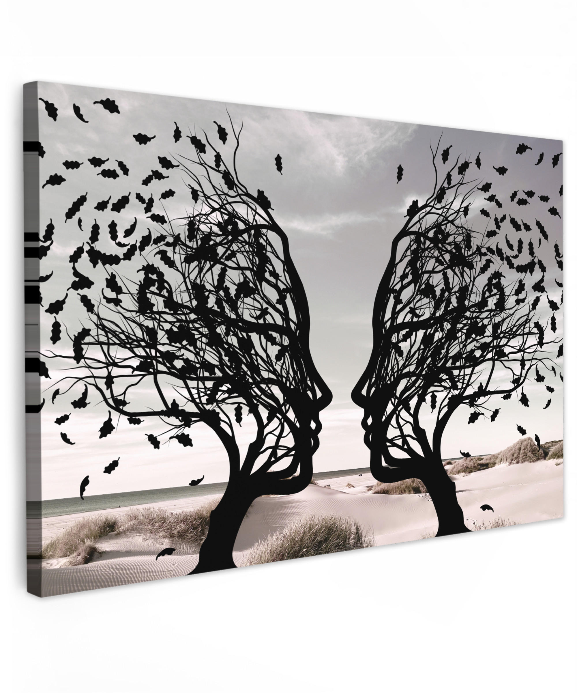 LEINWANDBILD Strand - Meer - Menschen - Baum - Moderne Kunst XXL 150x100 cm - Hellgrau, Textil (150/100cm) - MuchoWow