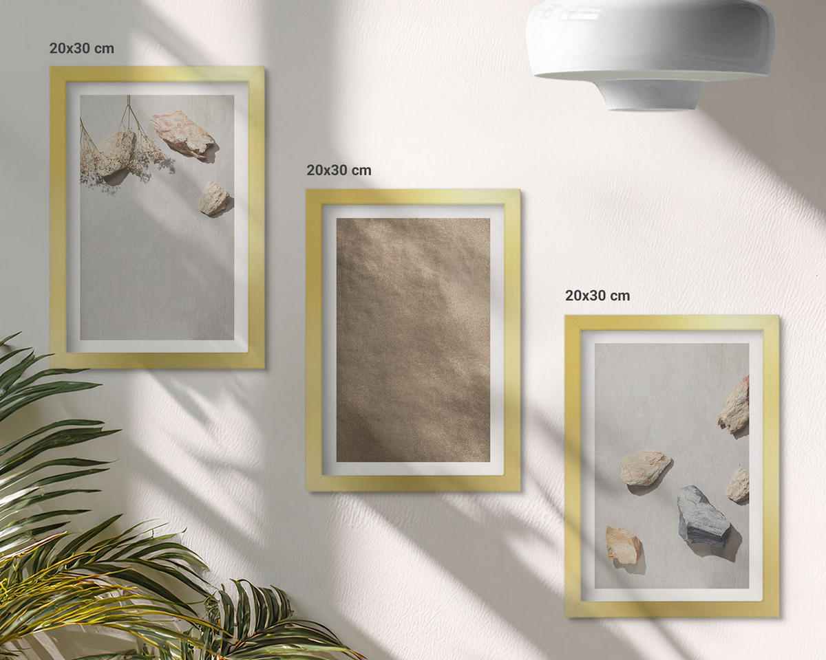 BILDER SET 3er Set - 20x30 cm Goldrahmen - Steine Strand natürliche Strukturen - Goldfarben, Kunststoff (20/30cm) - TULUP
