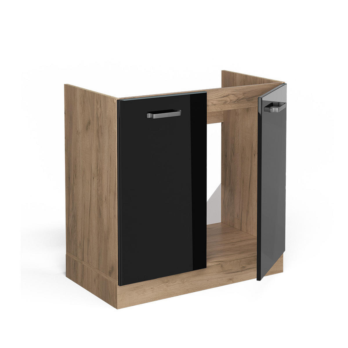 SPÜLENUNTERSCHRANK R-Line Schwarz Hochglanz 80 cm, AP Eiche - Schwarz Hochglanz/Eiche Wotan, Holzwerkstoff (80/81.6/60cm) - Vicco