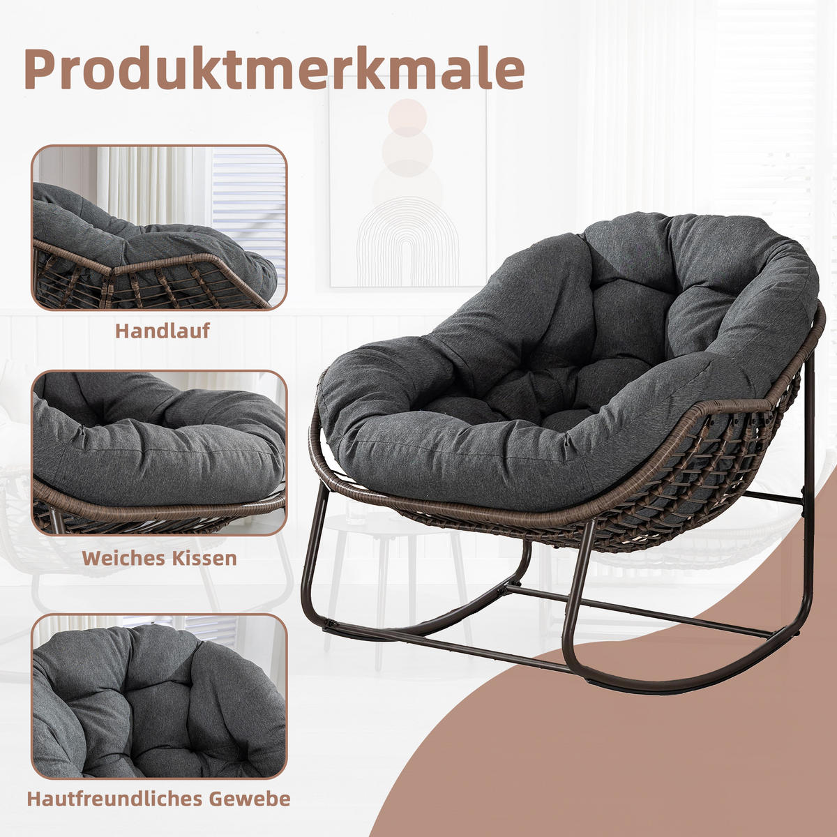SCHAUKELSTUHL Schaukelsessel Garten,Rattanstuhl mit Stahlrahmen,Grau-Polyester - Graubraun, Metall (94.5/80/111cm) - LVHOM