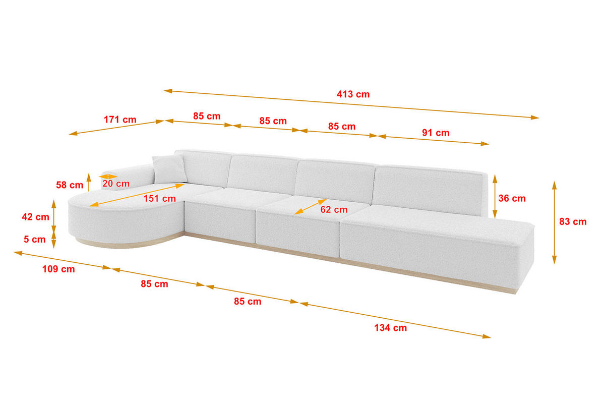ECKSOFA Ottomane Links ARRIO-L3 - 413x171x83 cm Weiß - Weiß, Holzwerkstoff/Textil (413/171cm) - ALTDECOR