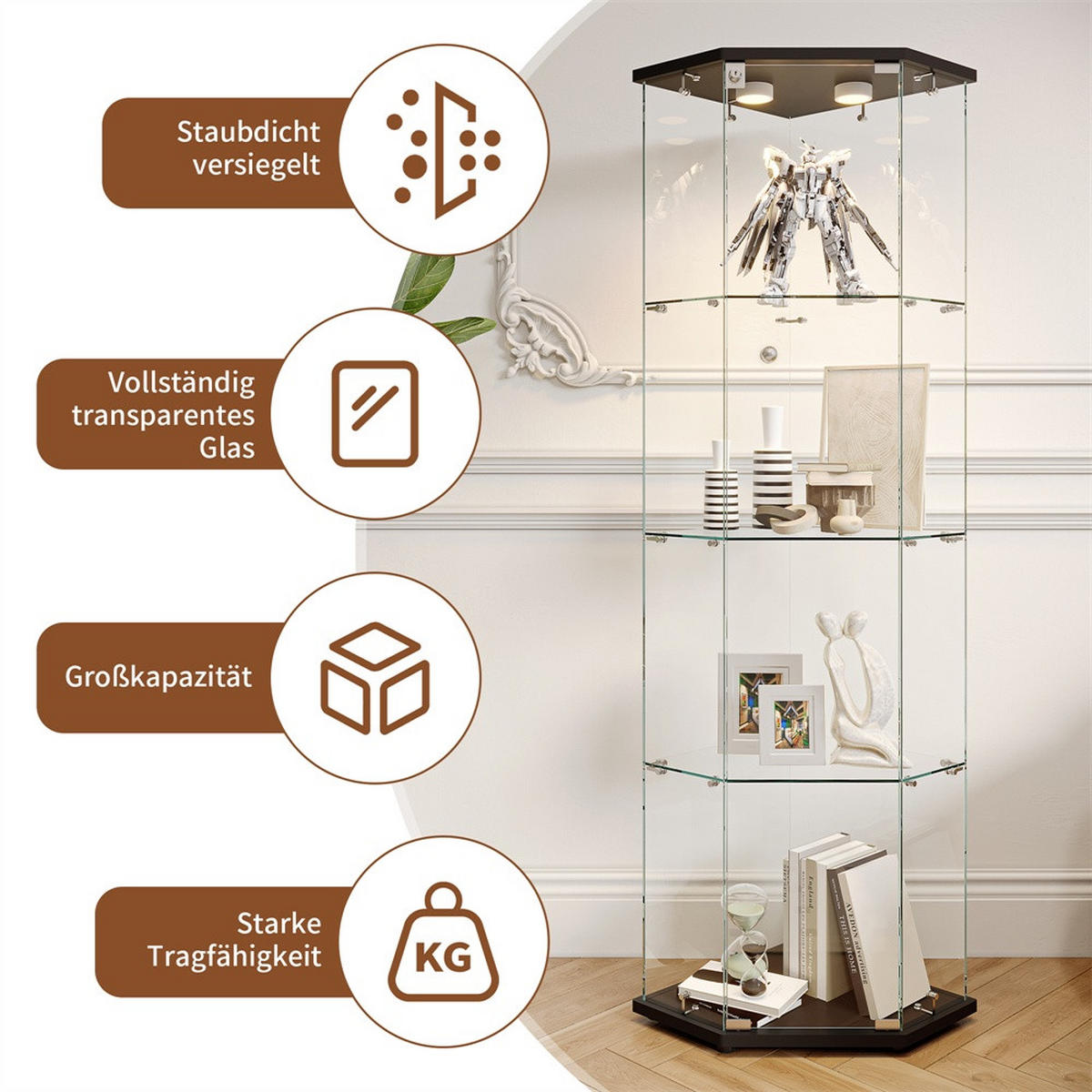 VITRINE mit LED Beleuchtung - Eckvitrine mit 4 Ebenen und 1 Tür - Glaskvitrine mit Schloss - Schwarz - Schwarz, Glas (60/162/42.5cm) - DELFA