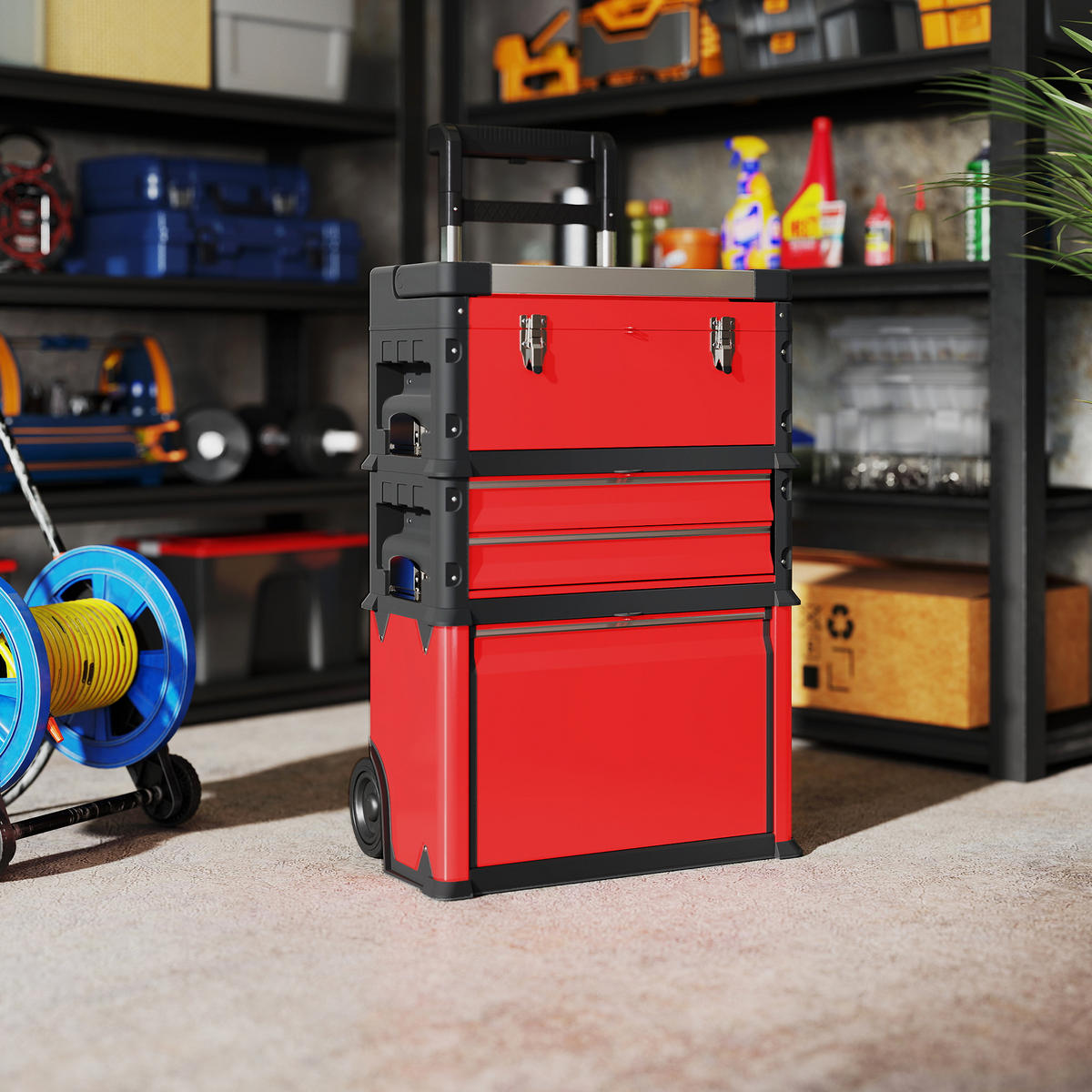 WERKSTATTWAGEN inkl. Koffer Werkzeugwagen leer mit 3 modularen Einheiten - Rot, Metall (32/72/52cm) - HOMCOM