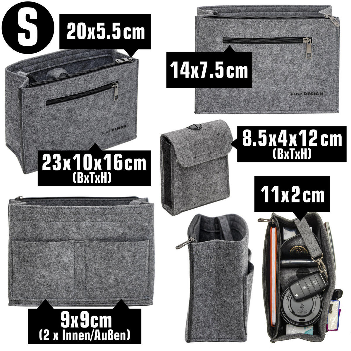 TASCHENORGANIZER S, Filz, 23x10x16cm, Grau - Grau, Kunststoff (23/10/16cm) - Dunedesign