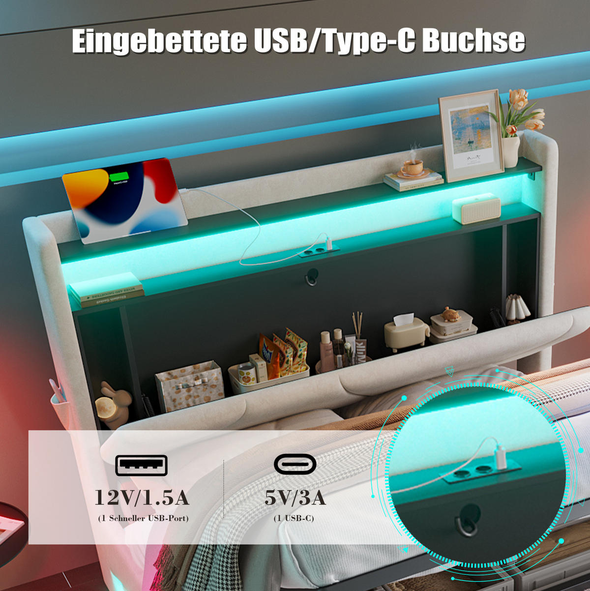 BETT mit Stauraum und LED 160x200 cm Samt Beige - Beige, Metall (160/200cm) - Meubliv