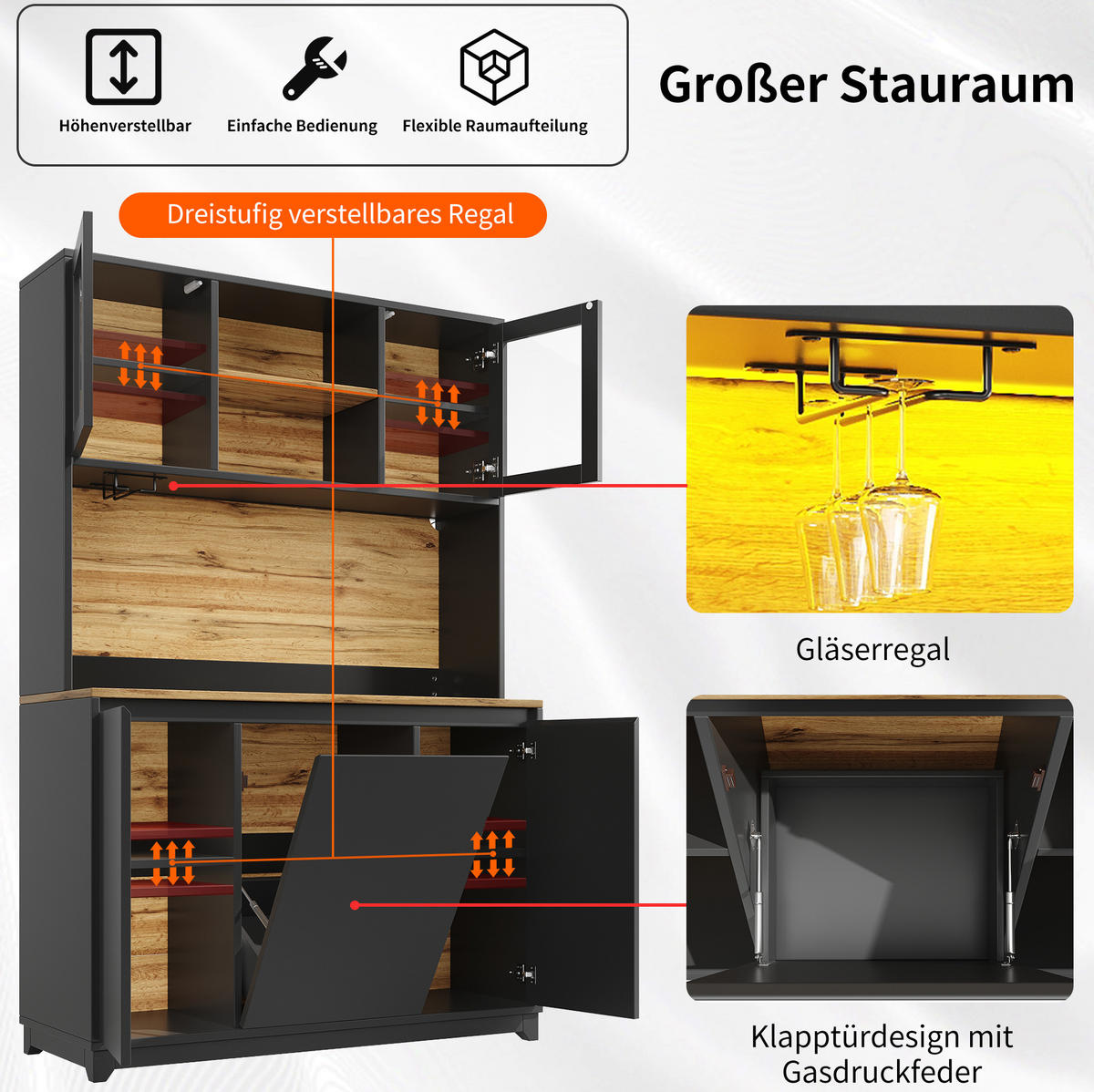 BUFFETSCHRANK 120/40/180 cm mit LED-Beleuchtung, Acryltüren und Abfallfach, Schwarz - Schwarz, Holzwerkstoff (120/180/40cm) - Redom