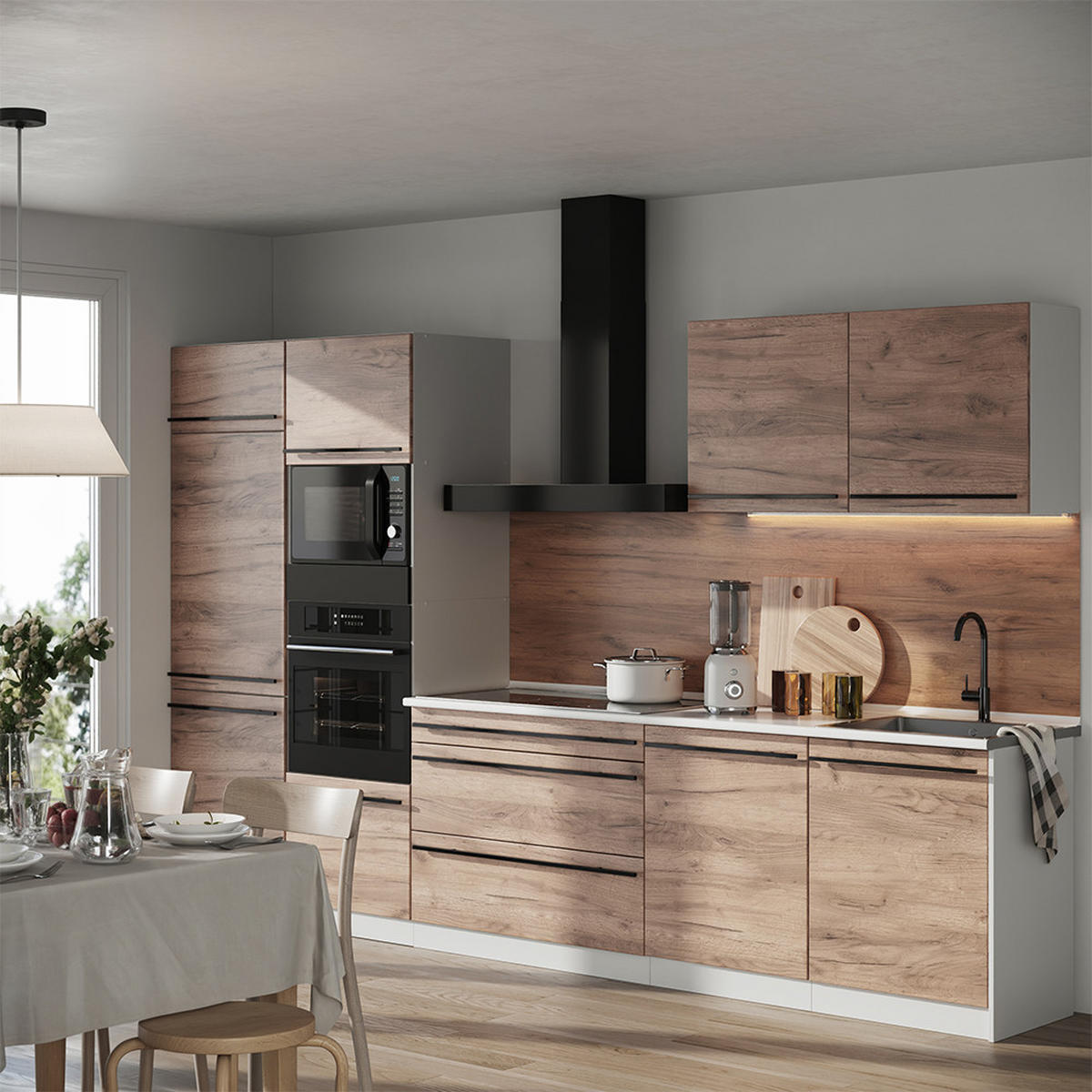 KÜCHENZEILE R-Line, Goldkraft Eiche/Weiß, 340 cm Arbeitsplatte Anthrazit - Honigeiche/Weiß, Holzwerkstoff (340/206.8/60cm) - Vicco