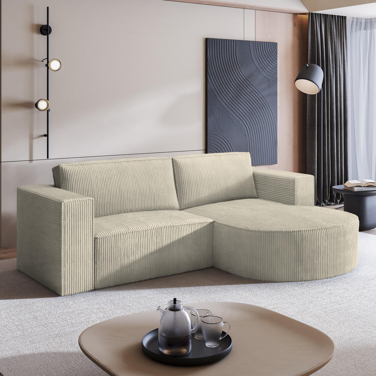 ECKSOFA SORELA P R-S Creme Kordstoff mit Schlaffunktion - Creme, Holz (263/174cm) - MASSENO