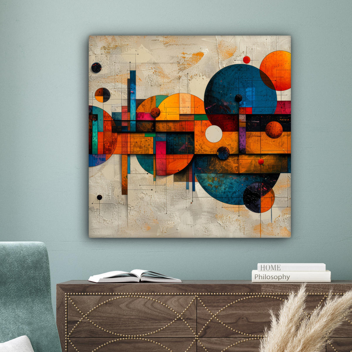 LEINWANDBILD - Vintage - Moderne Kunst - Orange - Geometrische Formen - 90x90 - Gemälde - Multicolor, Textil (90/90cm) - MuchoWow