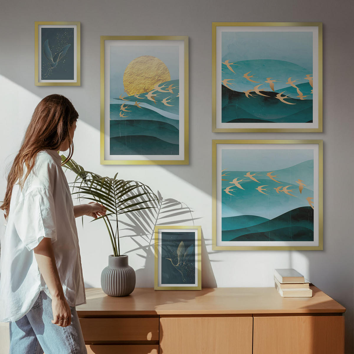 BILDER SET 5er Set - 50x50 cm & 20x30 cm & 40x60 cm Goldrahmen - Stilvolle Landschaften mit Vögeln - Goldfarben, Kunststoff (40/60cm) - TULUP