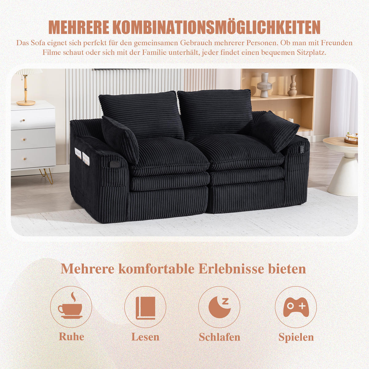 2-SITZER SOFA Cord Schwarz mit Kissen und Seitentaschen - Schwarz, Textil (191/85/94cm) - WISHDOR