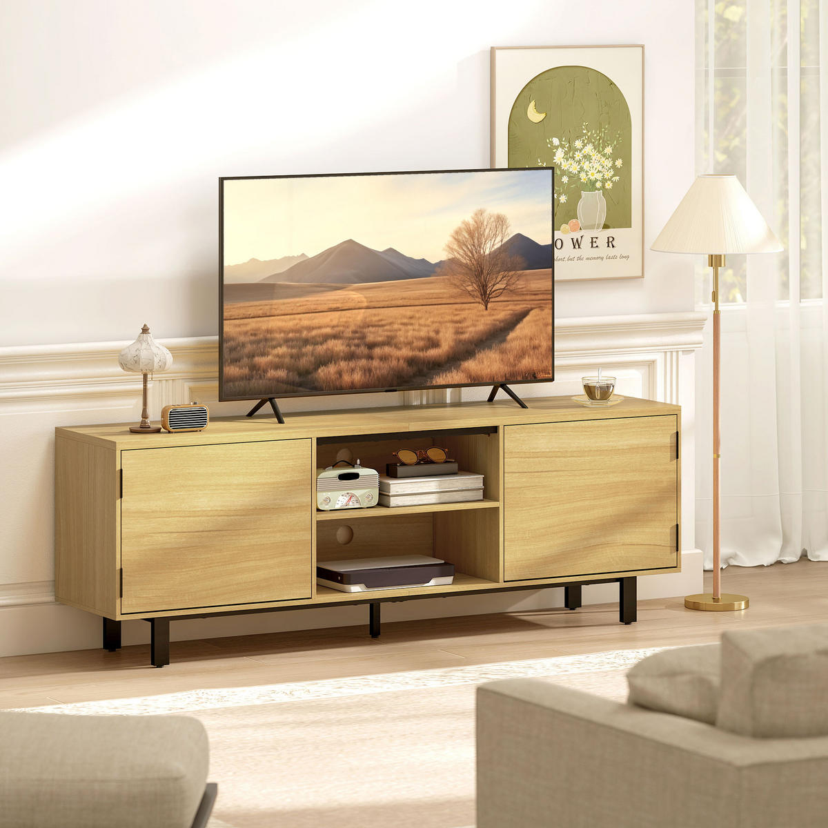 TV-LOWBOARD Naturfarben/Schwarz 160/35/55,5 cm, Push-to-Open, 2 Türen - Naturfarben, Holzwerkstoff (160/55.5/35cm) - PANGIVO