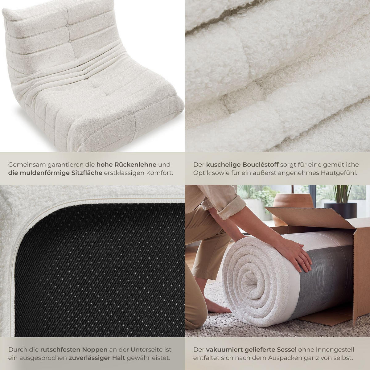 RELAXSESSEL Logo, 95 x 100 x 75 cm, Bouclé creme - Creme, Textil (95/75/100cm) - tectake