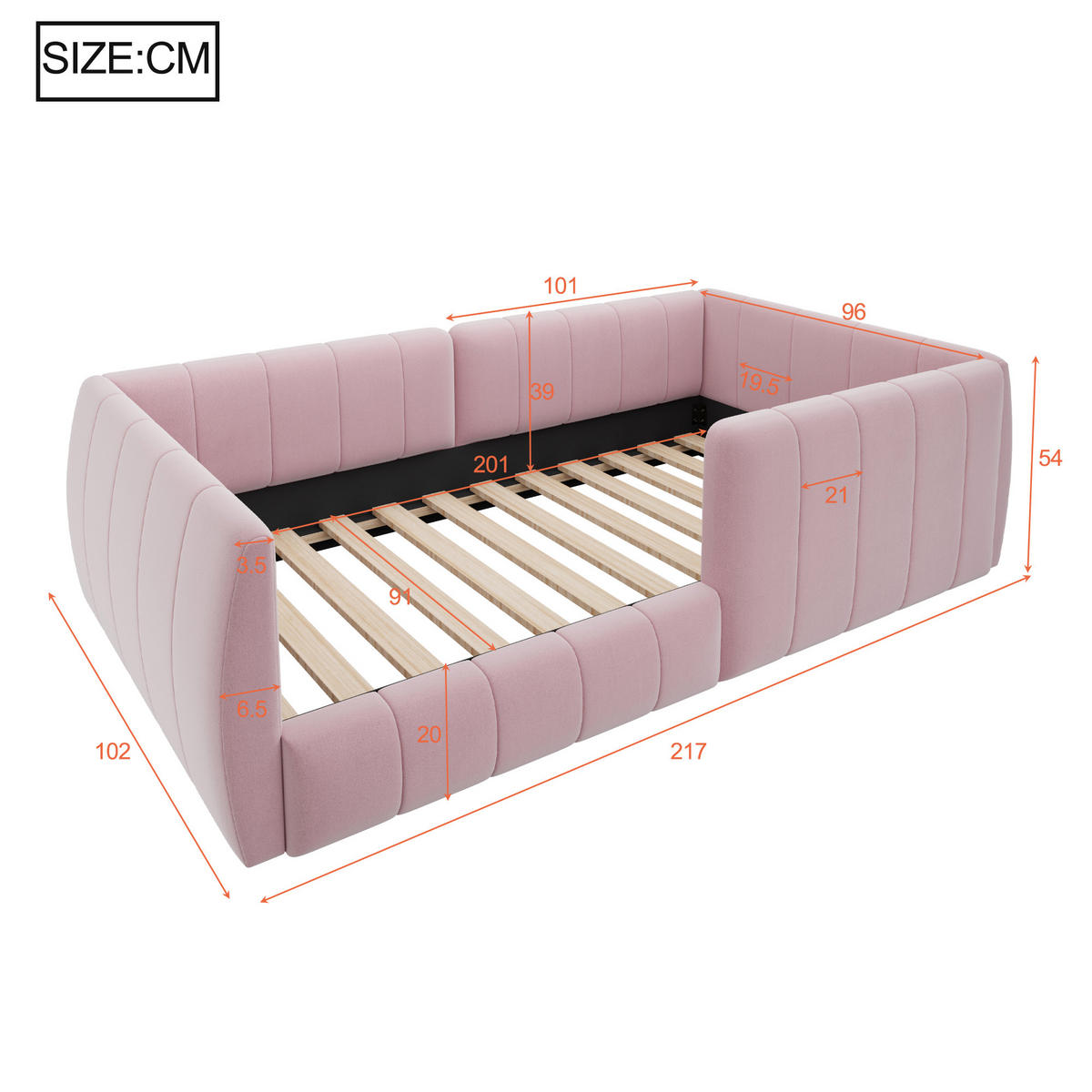 POLSTERBETT 90/200 cm in Pink Samt mit Sicherheitsgitter - Rosa, Holzwerkstoff/Textil (90/200cm) - WISHDOR