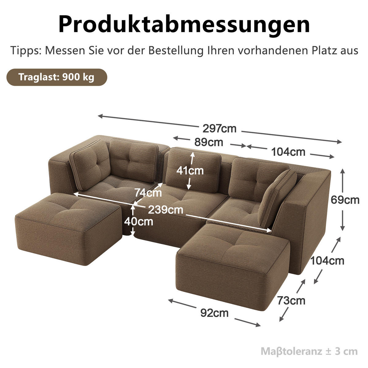 WOHNLANDSCHAFT DE-34220 3-Sitzer mit Ottomane Braun - Braun, Textil (177/69/297cm) - ComfortXL