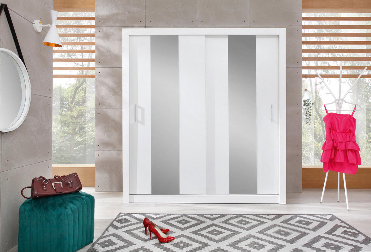 SCHWEBETÜRENSCHRANK MIRA 200/215/60cm 2-türig mit Spiegel Weiß - Weiß, Holzwerkstoff (200/215/60cm) - MASSENO