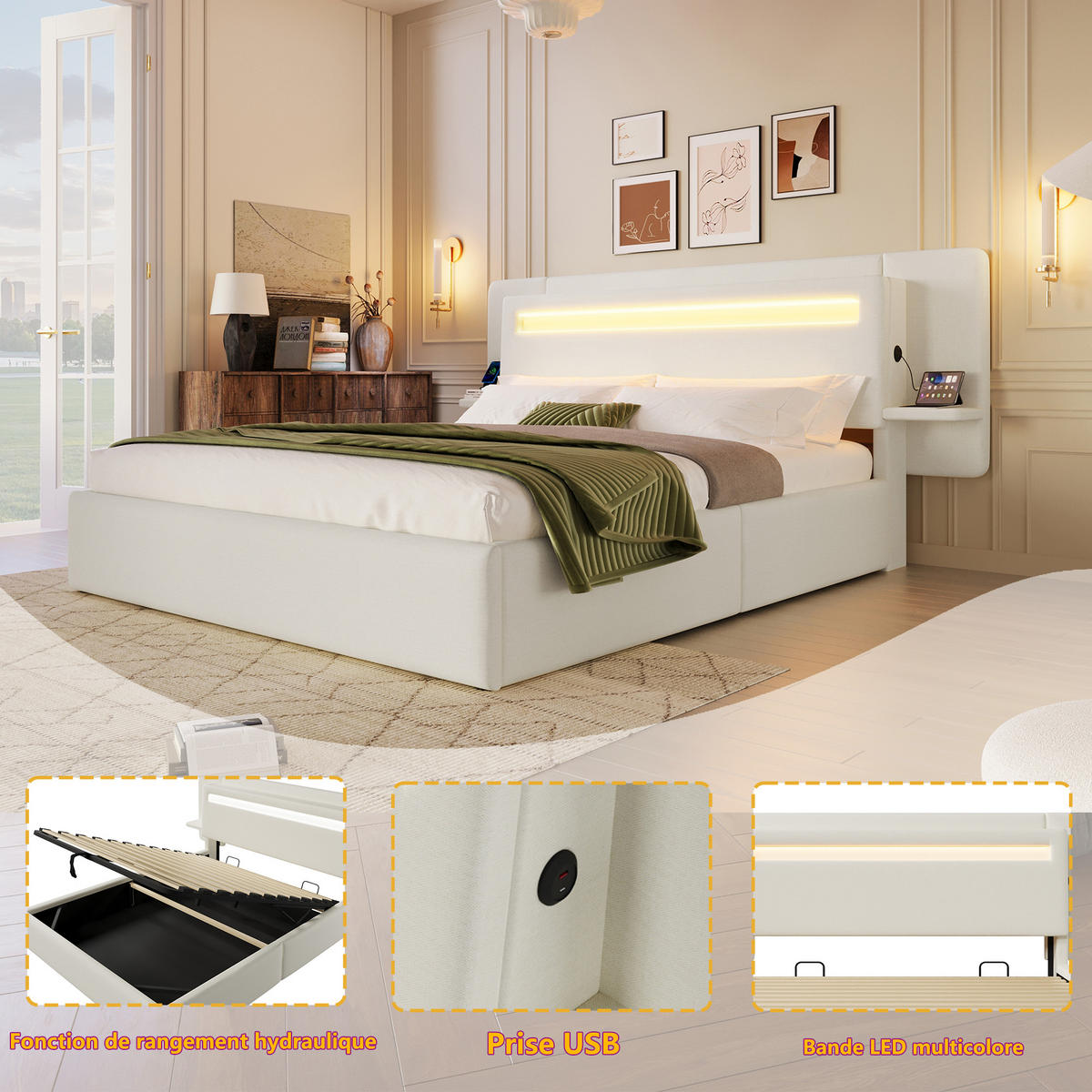 POLSTERBETT 180 x 200 cm in beige, mit hydraulischem Stauraum und integriertem Nachttisch - Beige, Holz/Textil (180/200cm) - KOMHTOM